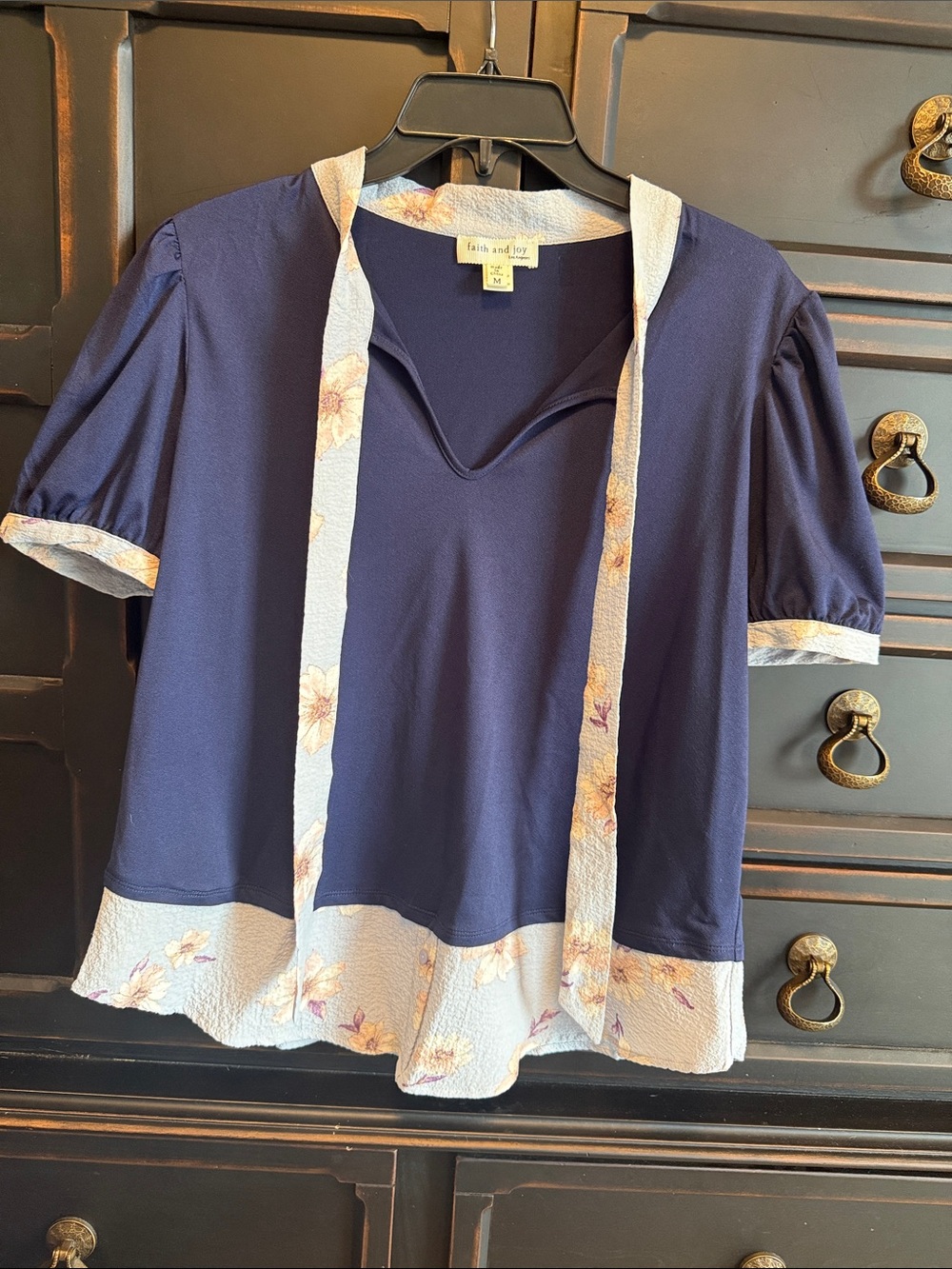 Faith and Joy Navy Short Sleeve V-Neck Top with Floral Cream Trim